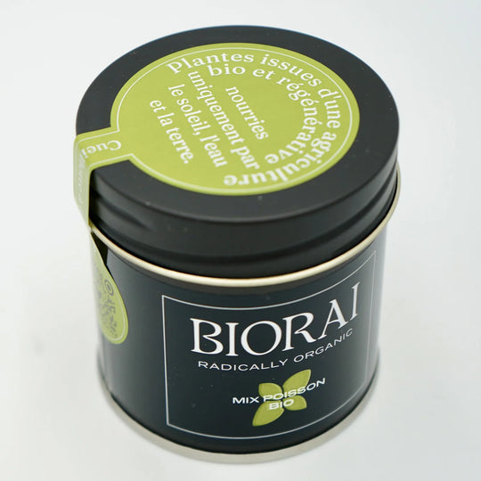 Boîte de Mix Poisson Bio BIORAI vue de dessus, épices bio pour poisson